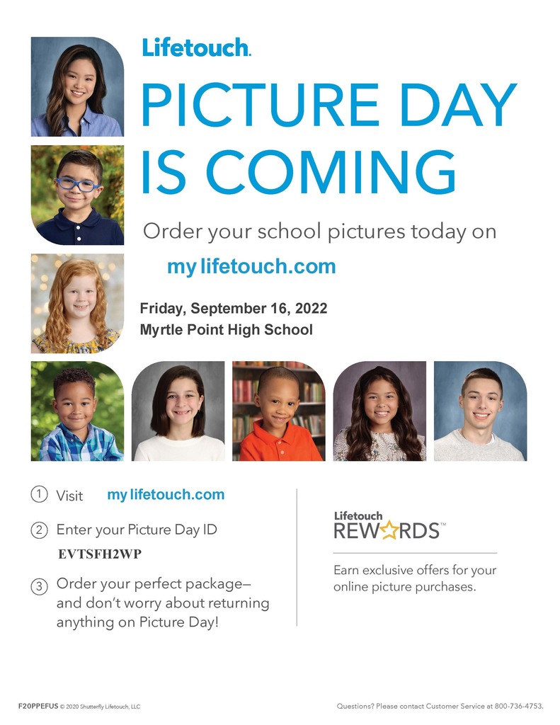 Picture Day is coming for the High School!!! Grades 7-12 Friday September 16, 2022 . Visit mylifetouch.com ID # EVTSFH2WP Myrtle Crest's picture day will be in October, information to follow. 