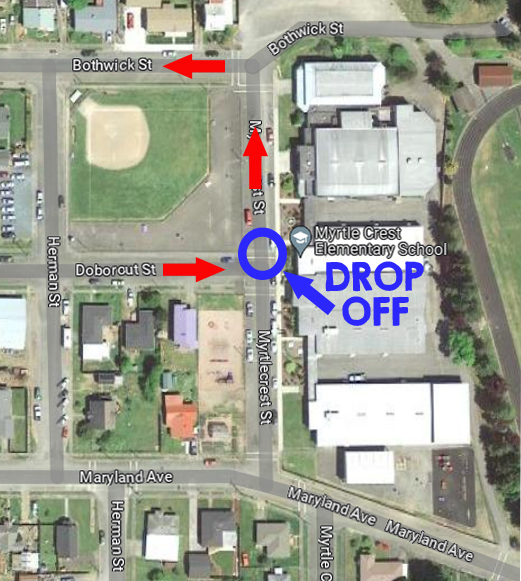 REVISED TRAFFIC PATH AT MYRTLE CREST FOR EARLY THIS WEEK: Due to track construction, the Myrtle Crest parking lot is currently closed. You can park on any of the nearby streets if you want to walk your child in to school, but if you're driving through and dropping children off, please follow this route: Drive up Doborout Street, through the gate onto Myrtle Crest Lane (beside the buses but on the field side of the street), drop off your child at the crosswalk, then drive down beside the buses and turn left to drive off down Bothwick Street. Do not enter Myrtle Crest Lane (bus lane) from Maryland Avenue.  Thank you for your patience and cooperation as we all work around this project. It will be an amazing track through the efforts and donations of some incredibly generous and giving community members!