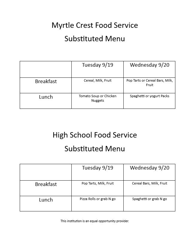 Breakfast	Cereal, Milk, Fruit	Pop Tarts or Cereal Bars, Milk, Fruit Lunch	Tomato Soup or Chicken Nuggets	Spaghetti or yogurt Packs   High School Food Service Substituted Menu  	Tuesday 9/19	Wednesday 9/20 Breakfast	Pop Tarts, Milk, Fruit	Cereal Bars, Milk, Fruit Lunch	Pizza Rolls or grab N go	Spaghetti or grab N go