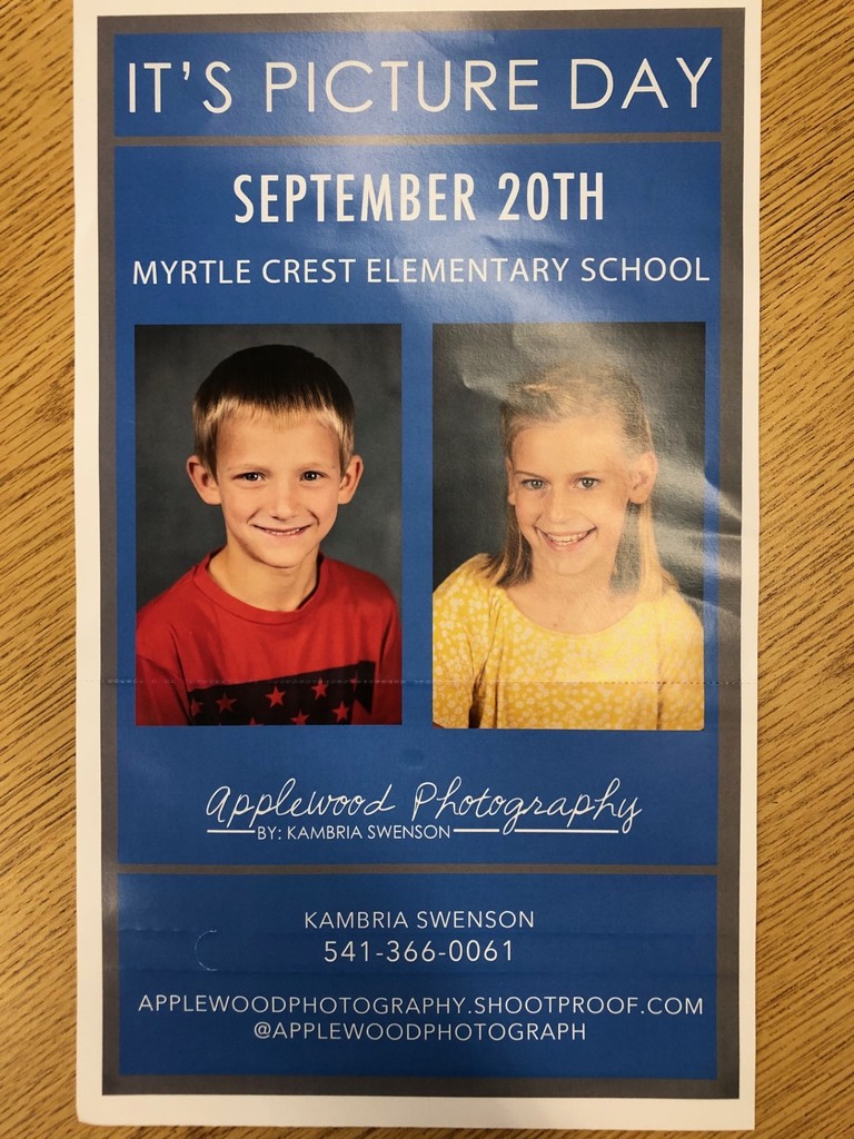 This Wednesday, Sept. 20th, is Picture Day at Myrtle Crest. Flyers were sent home late last week. If you want to order pictures, you can send money in the envelope on the flyer. If you want to order online, that option will be available 5 to 7 working days AFTER Picture Day. At that time you'll be able to see the proofs and place your order online.